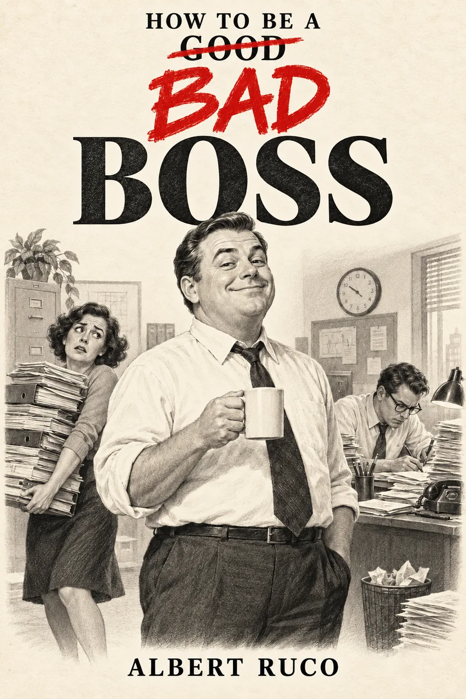 How to Be a Bad Boss by Albert Ruco. A smug boss holds a coffee mug while his staff struggle with piles of paperwork; GOOD is crossed out and replaced with BAD in red.