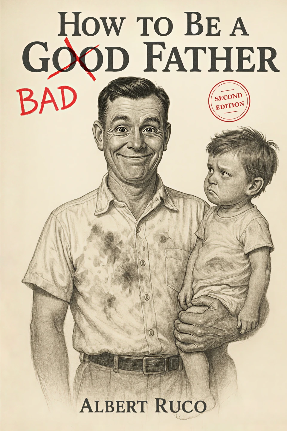 How to Be a Bad Father by Albert Ruco. Retro father-and-son cover, GOOD crossed out in red, and a Second Edition stamp.