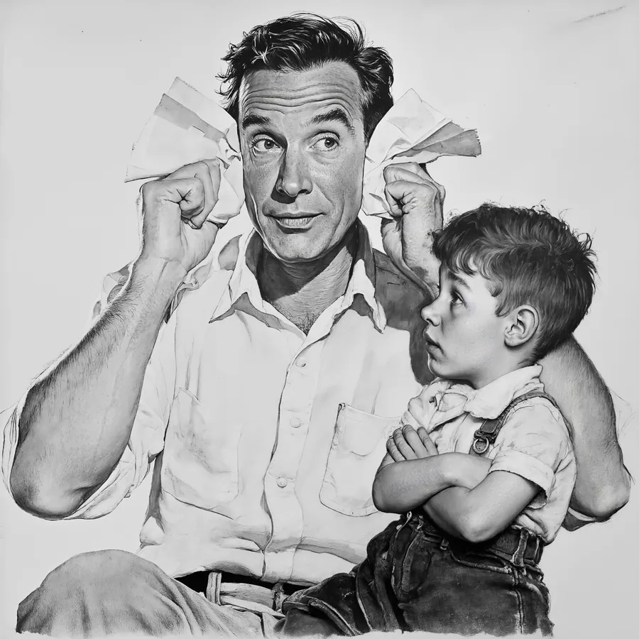 A father covers his ears with his fingers while his son tries to talk to him.